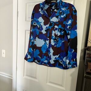Who What Wear Blue and Brown Floral Blouse